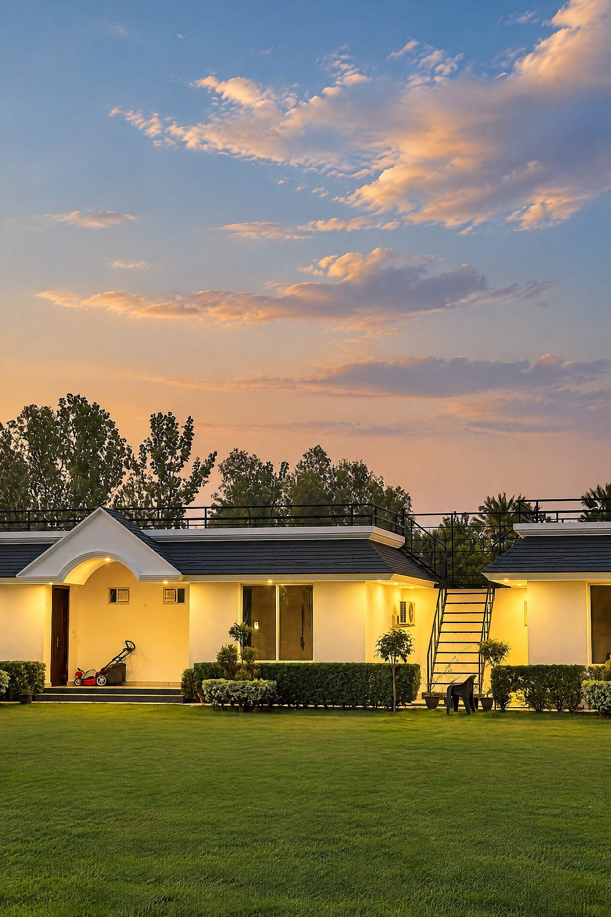 Guest cottages seen across the lawn in the evening at The White House Pilibhit