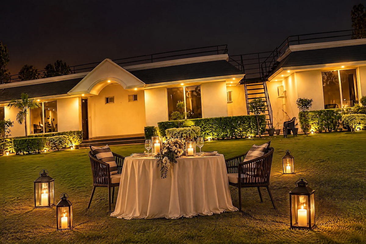 An intimate candlelit dinner for two set on the lawn at The White House Pilibhit at night, with lanterns and the lit building behind