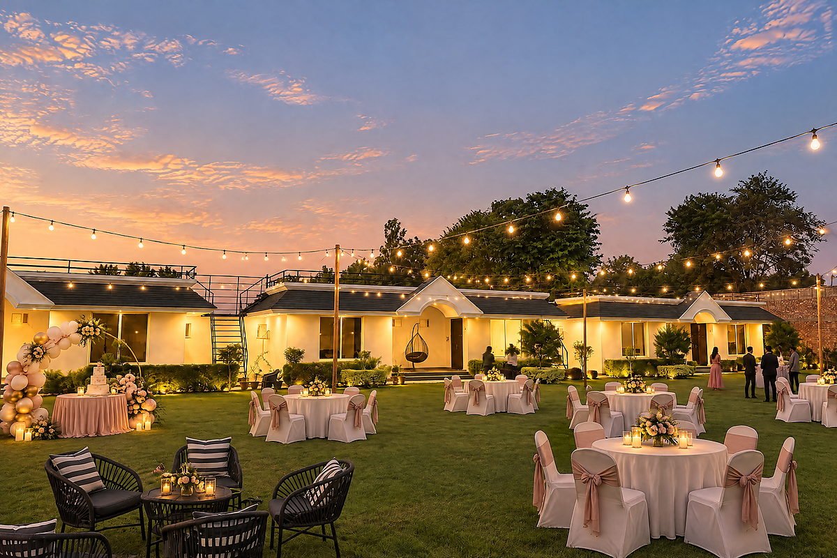 The lawn at The White House Pilibhit set for a birthday celebration in the early evening, with round tables, a cake table and string lights