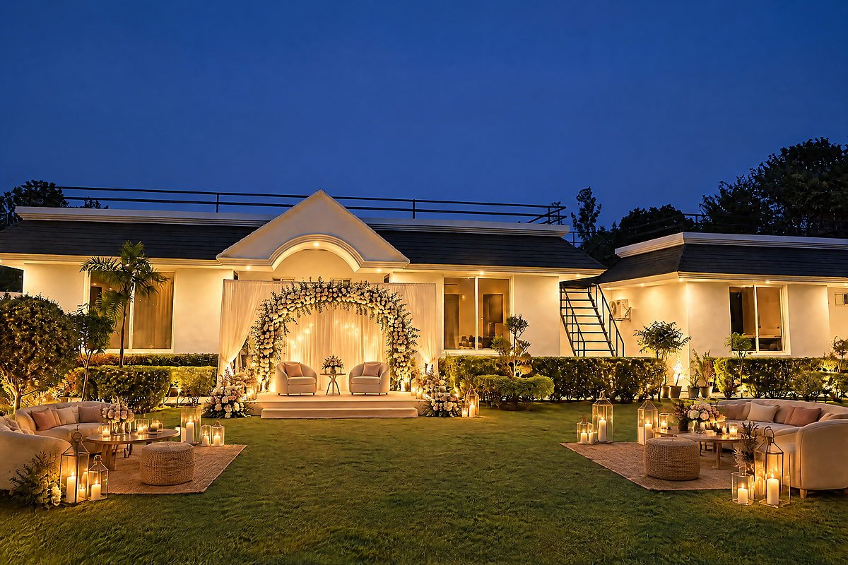 An engagement setting in front of the illuminated villa at The White House Pilibhit at blue hour, with a floral arch, lounge seating and candle lanterns