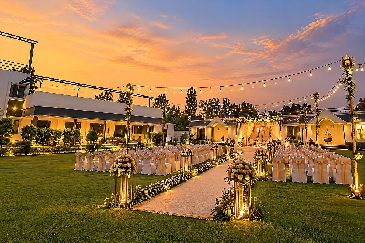 The open lawn at The White House Pilibhit set for a wedding at golden hour, with a floral stage, an aisle and rows of chairs