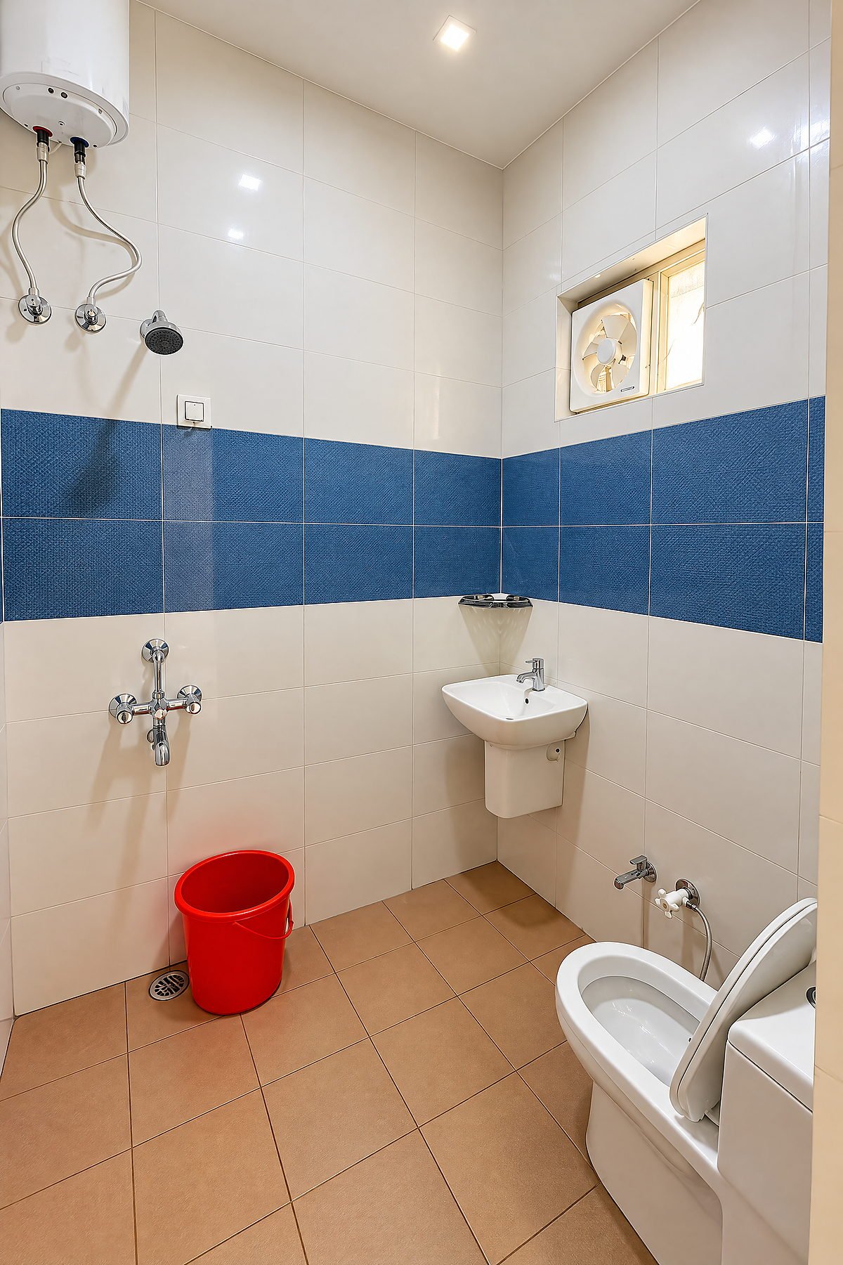 Guest bathroom with a shower area and water heater at The White House Pilibhit