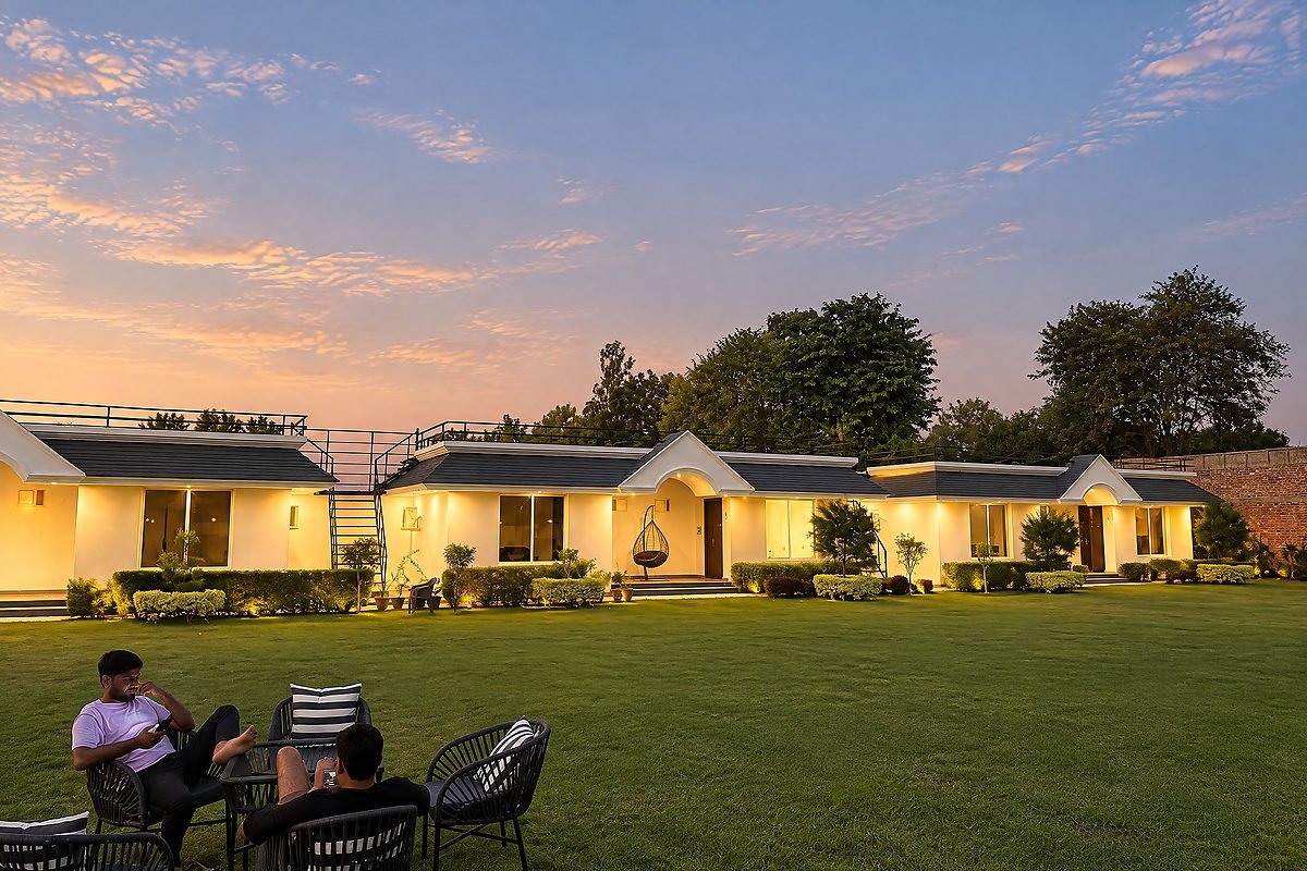 Guests seated on the lawn in the evening at The White House Pilibhit